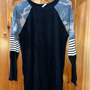 Magic Fit Black Raglan Top with Camouflage and Stripe Sleeves